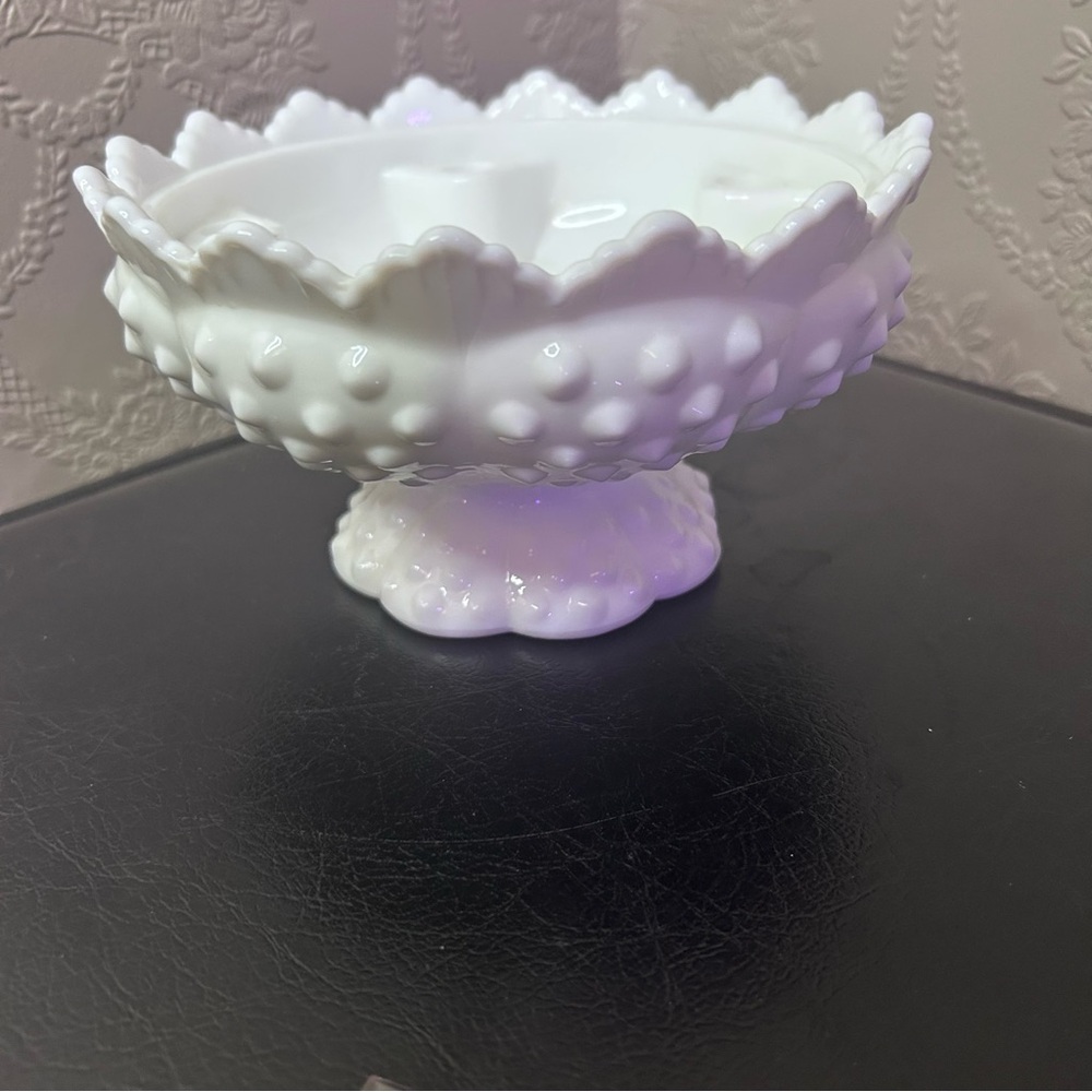 Vintage Fenton Footed HOBNAIL WHITE MILK GLASS 6 Candle Holder Bowl Centerpiece - Picture 6 of 8